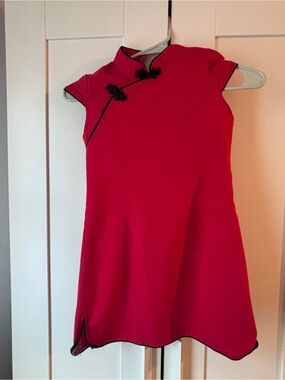 Red Chinese Style Short Dress with Black Trim